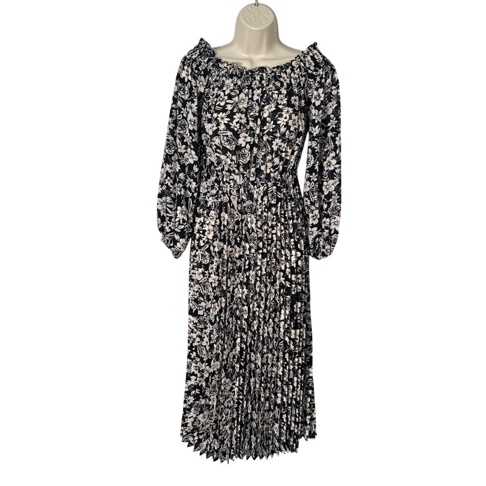 Jacquie The Label Off The Shoulder Pleated Midi Dress Black Cream Floral Sz S